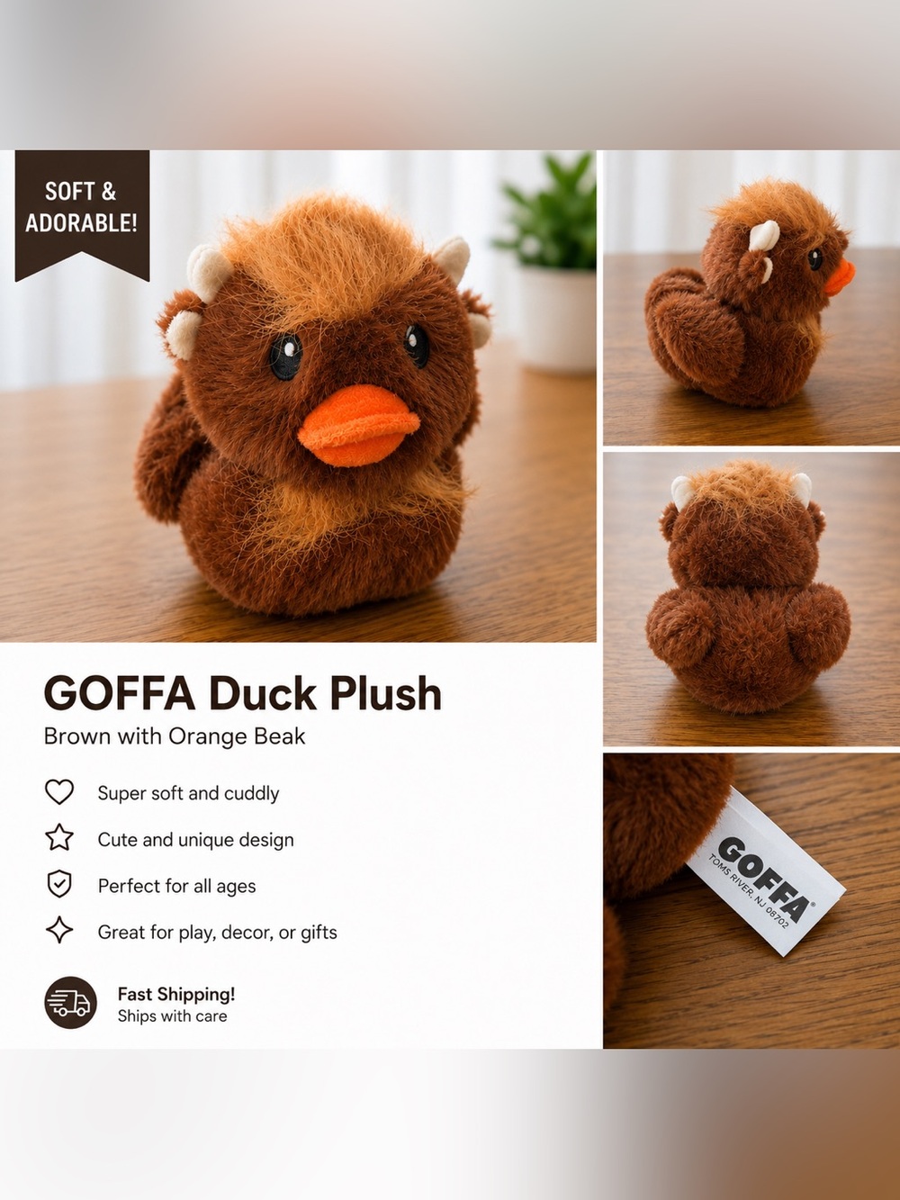GOFFA Brown Duck Plush Stuffed Animal – Orange Beak Soft Toy